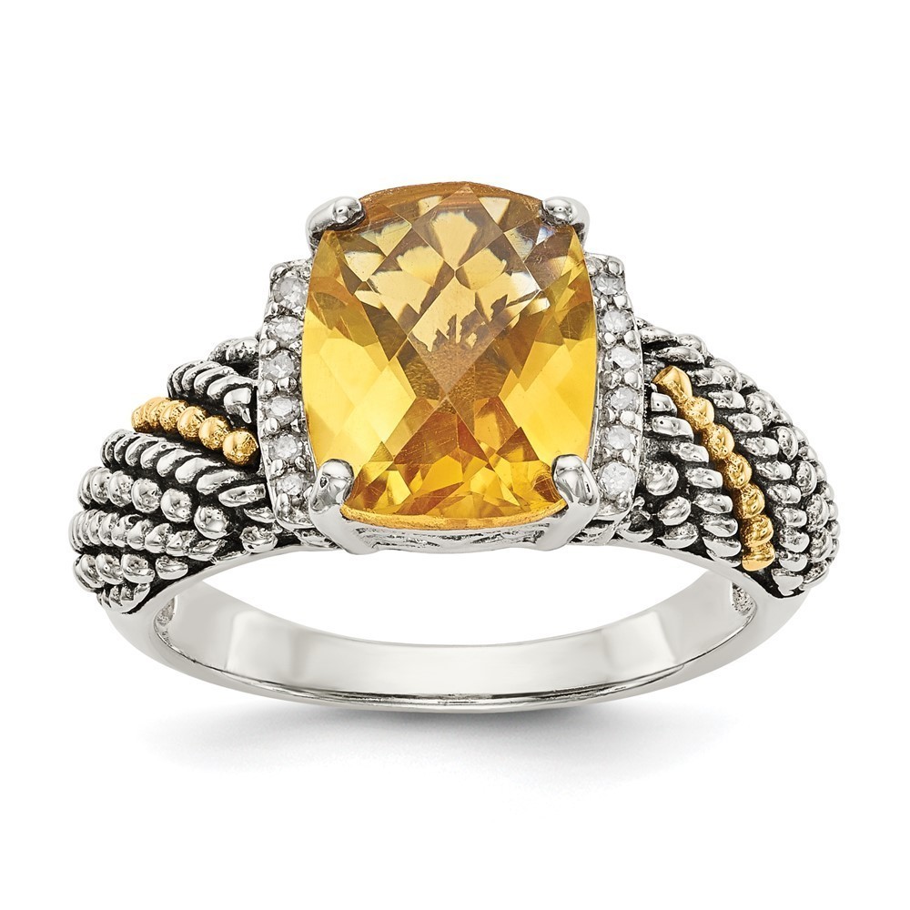 925 SS 14K Accent Antiqued Diamond Checkerboard Cushion Citrine Ring Size 7